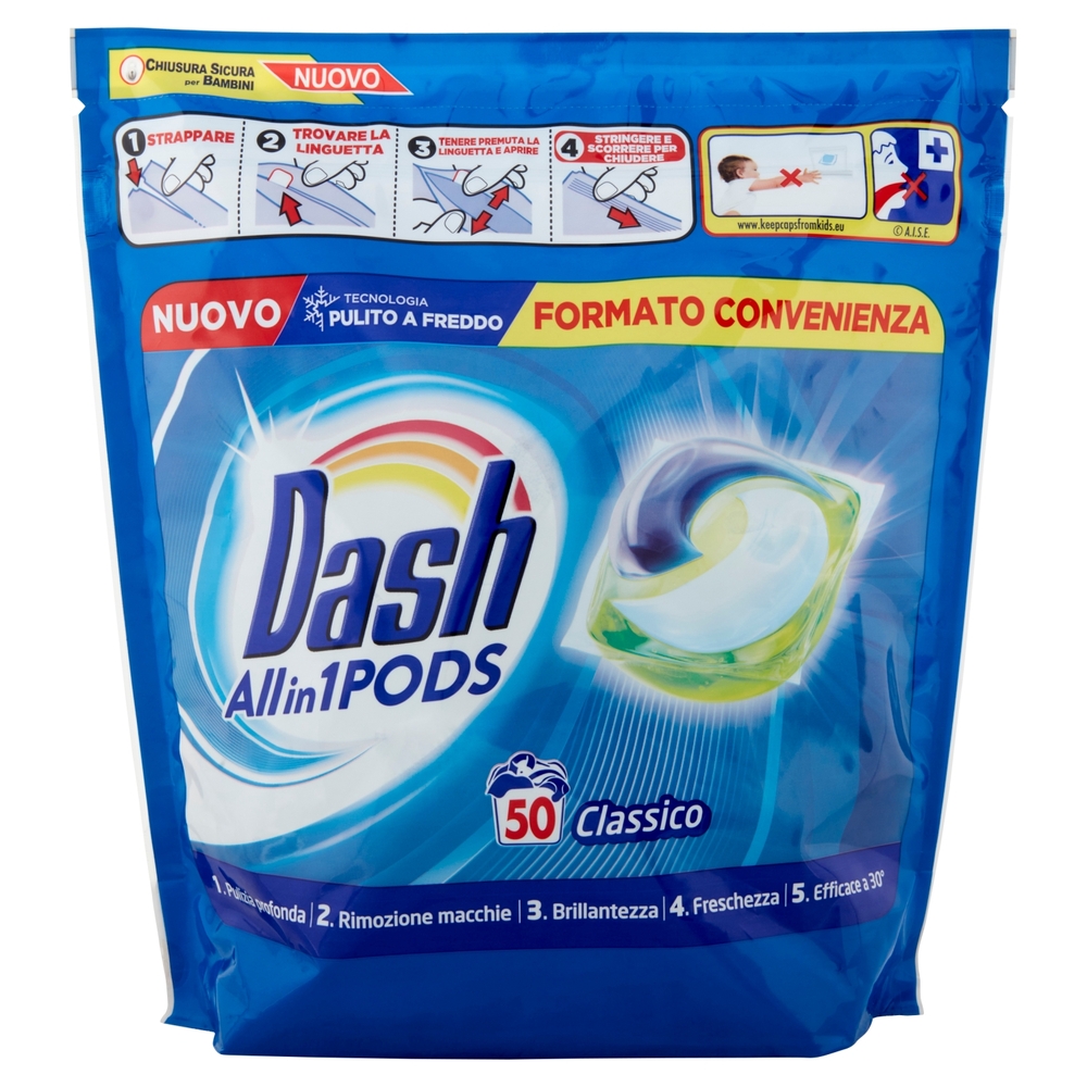 Dash PODS Allin1 Detersivo Lavatrice in Capsule per Bucato Classico 50 Lavaggi 1260 g